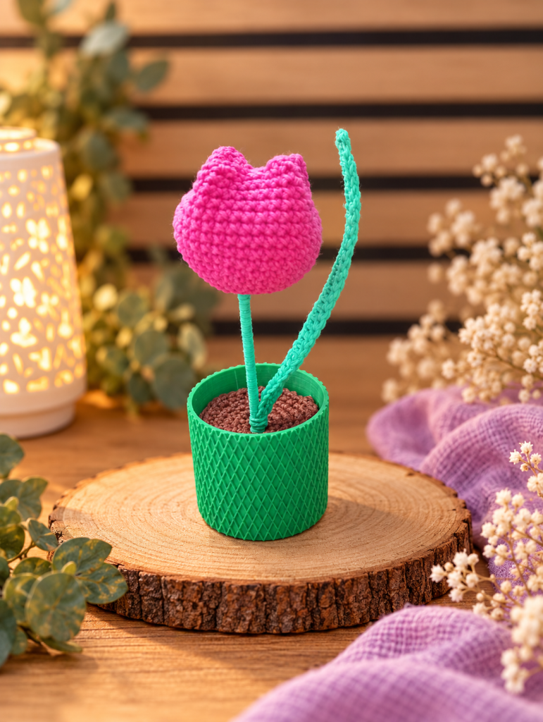 Tulipe décorative au crochet – Pot imprimé en 3D